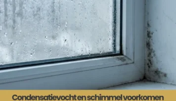 Vochtige raam met condensatie en schimmel op de muur en kozijn eromheen.