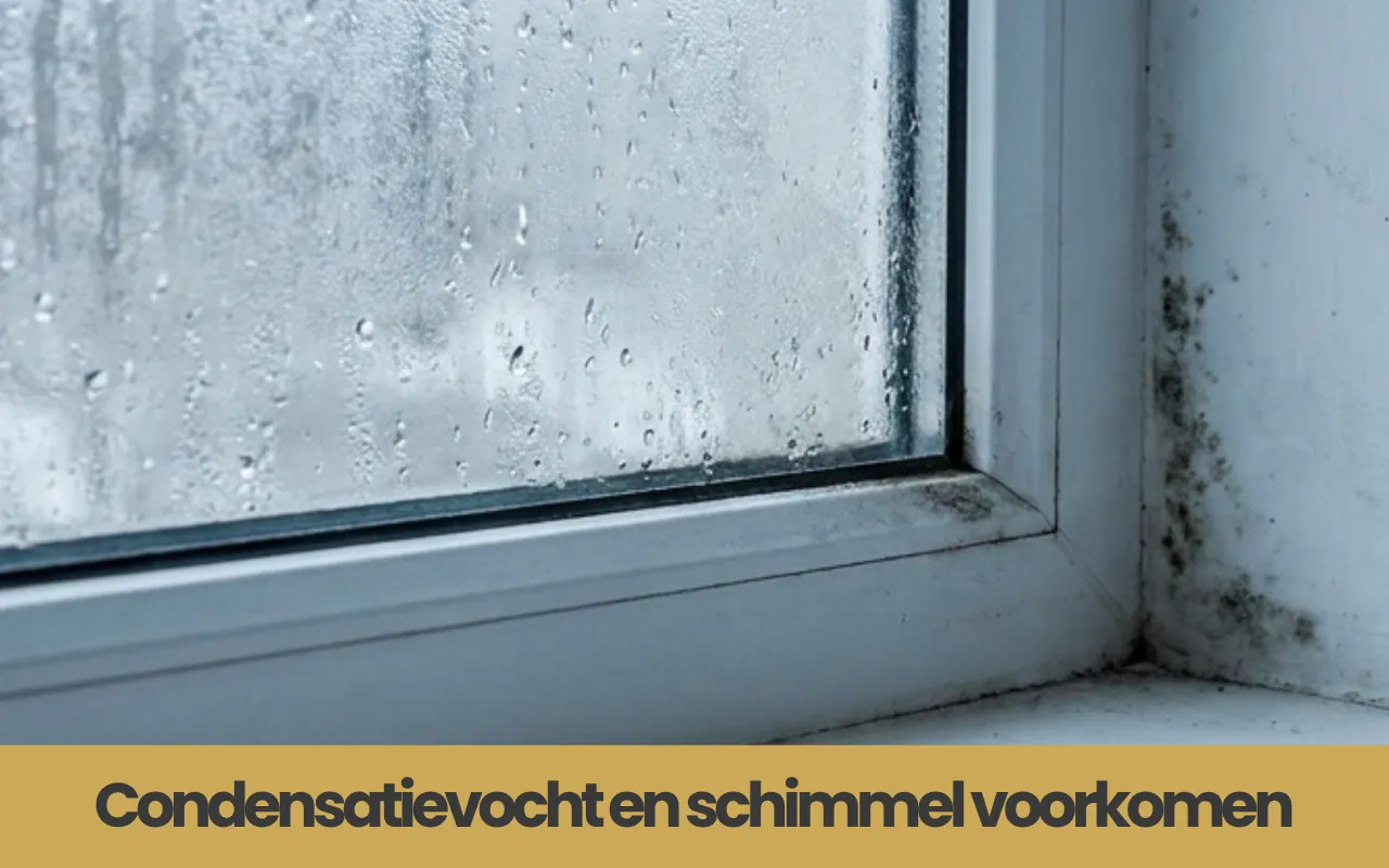 Vochtige raam met condensatie en schimmel op de muur en kozijn eromheen.