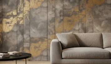 Moderne wandbekleding van microcement in grijs met goudkleurige accenten, gecombineerd met een beige bank en salontafel.