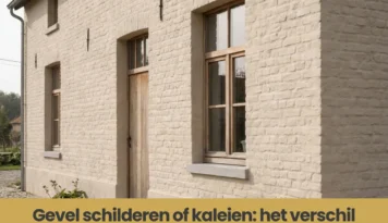Close-up van een crèmekleurige, gekaleide bakstenen gevel met een houten deur en ramen in landelijke stijl.