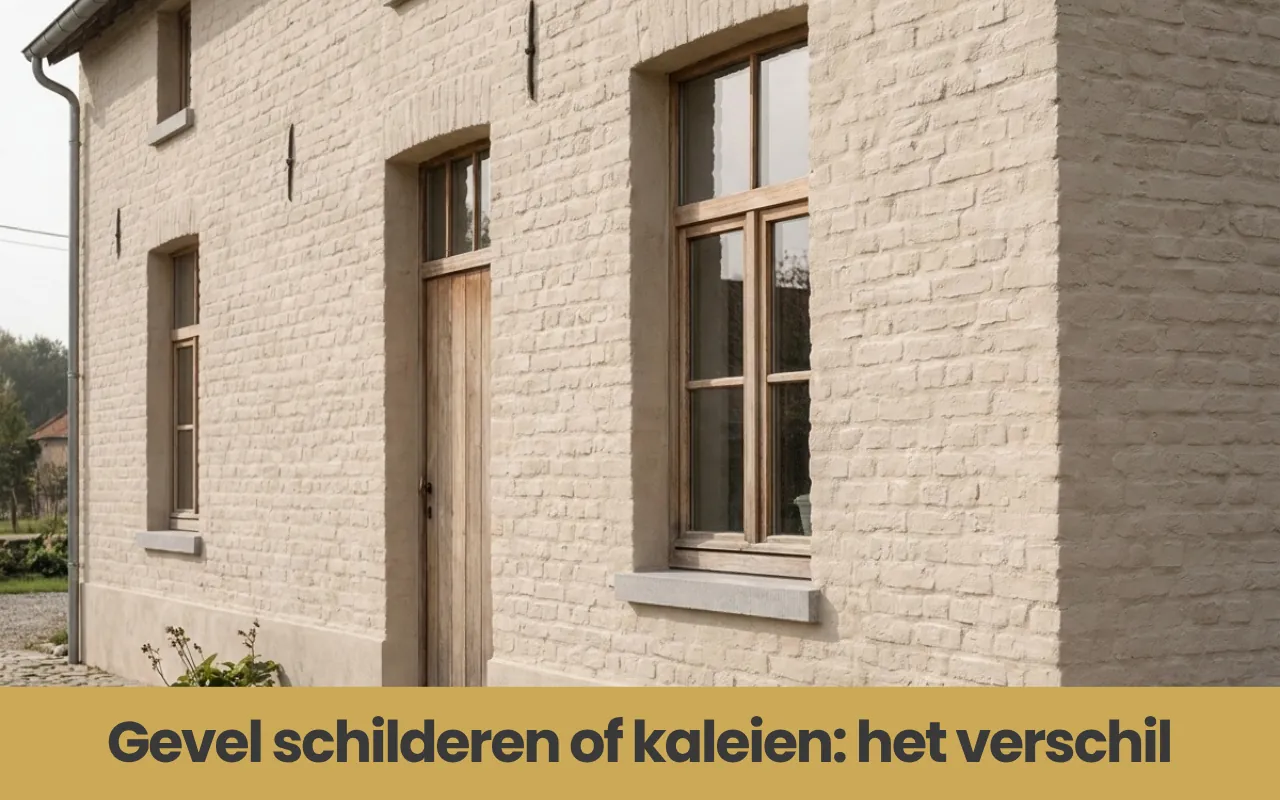 Close-up van een crèmekleurige, gekaleide bakstenen gevel met een houten deur en ramen in landelijke stijl.