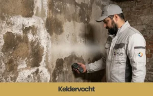 Man met baard en pet, in bedrijfskleding, meet vochtigheid van een kelderwand met witte uitslag en donkere plekken.