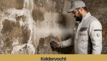 Man met baard en pet, in bedrijfskleding, meet vochtigheid van een kelderwand met witte uitslag en donkere plekken.