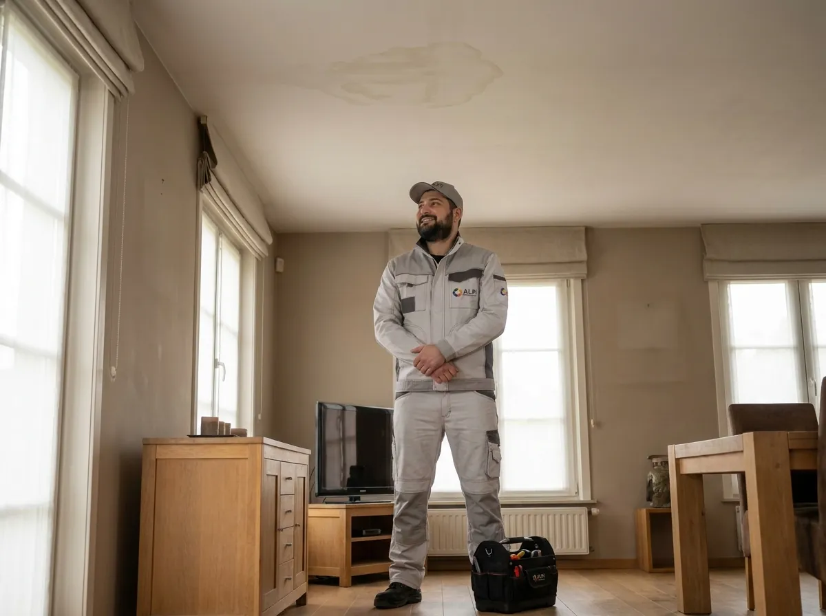 Een lachende man in grijs werkpak met logo kijkt omhoog naar waterschade op het plafond. Hij staat in een woonkamer met gereedschapstas.