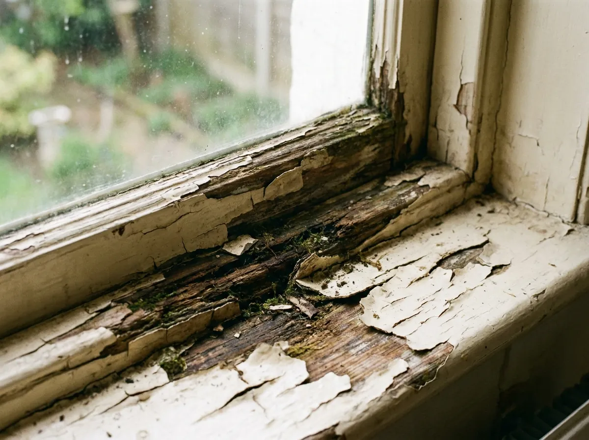 Dichtbij een oud, houten raamkozijn met afbladderende witte verf en zichtbaar verrot hout en mos.