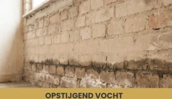 Close-up van een oude bakstenen muur met een duidelijke vochtplek onderaan, een teken van opstijgend vocht.
