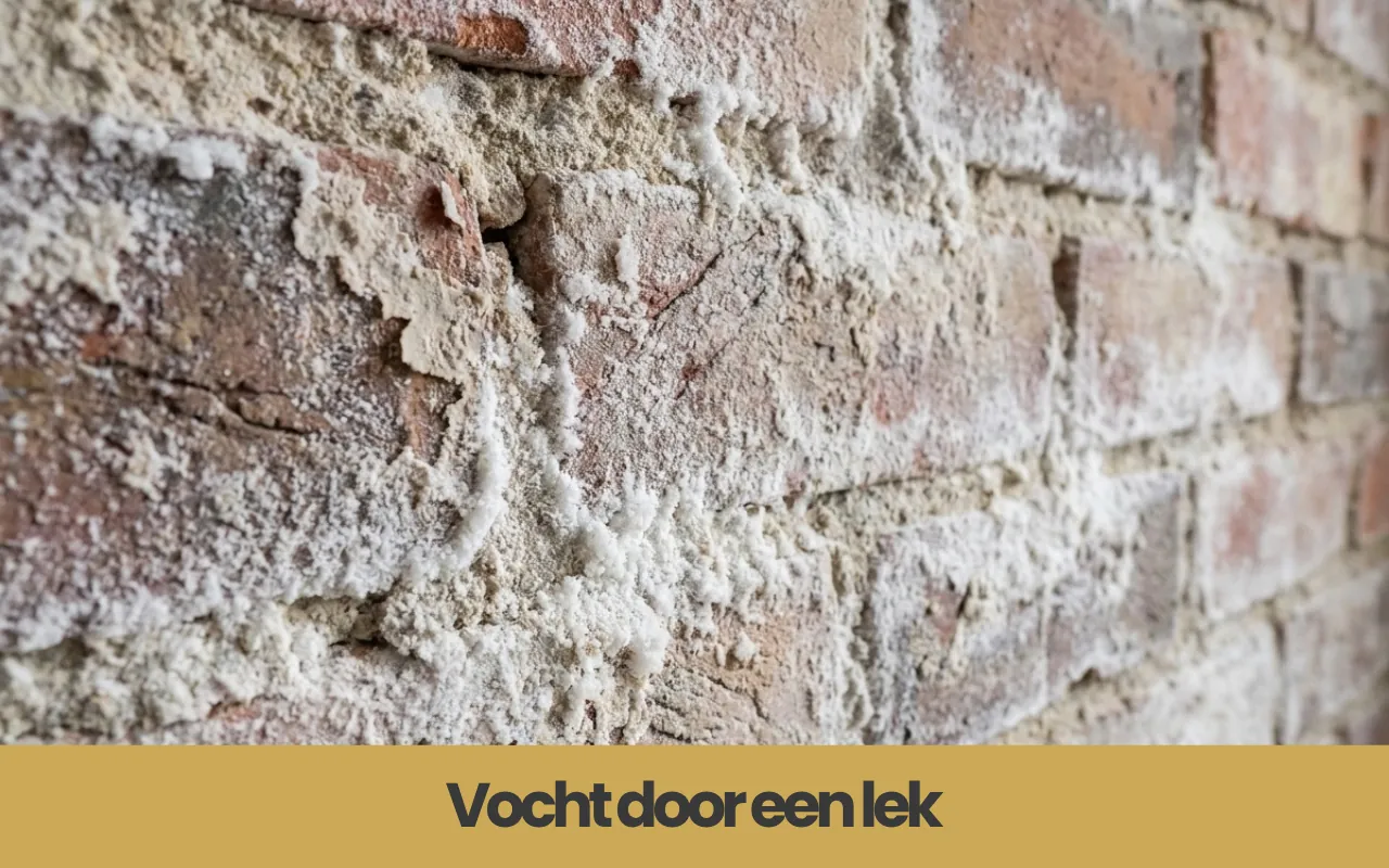 Detail van een bakstenen muur met duidelijke vochtschade, waarbij witte uitslag en loslatend stucwerk zichtbaar zijn.