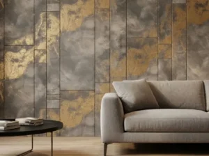 Smaakvolle wandbekleding met grijze panelen en gouden accenten, gecombineerd met een moderne beige bank.