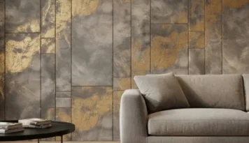 Smaakvolle wandbekleding met grijze panelen en gouden accenten, gecombineerd met een moderne beige bank.